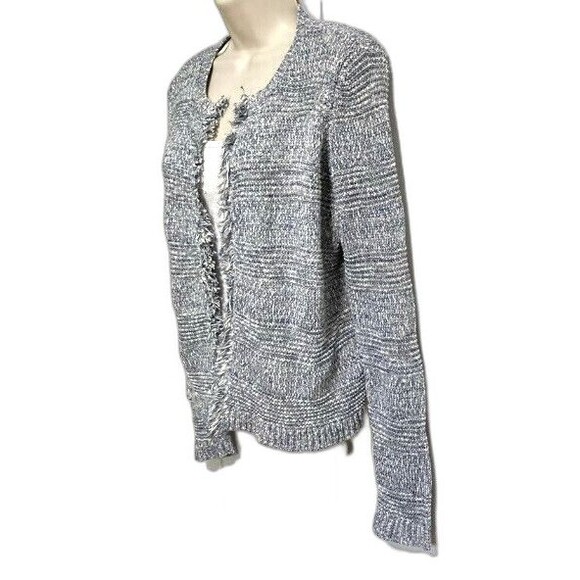 ANN TAYLOR Loft Fringe Sweater Cardigan Jacket Blue Gray Marled Womens Medium - Picture 5 of 12